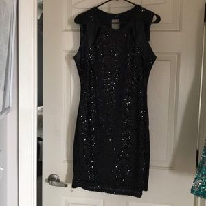 Black sequins dress, leather accents